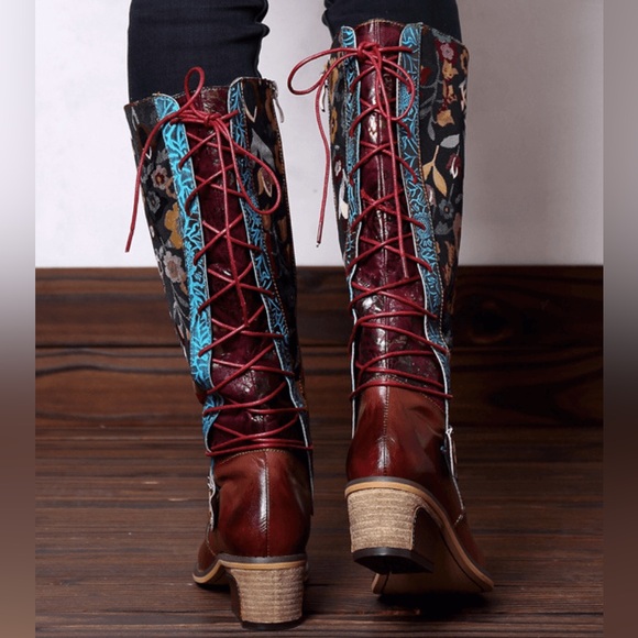 SOFFIA | FLORAL TIE-ACCENT KNEE-HIGH LEATHER BOOTS - Picture 6 of 12